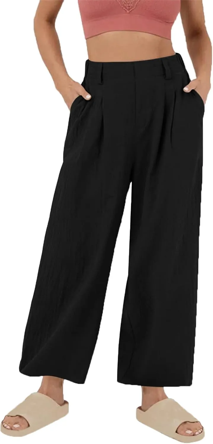 Womens Linen Pants Dressy Casual High Waisted Cropped Palazzo Pants Ladies Summer Wide Leg Trousers with Pockets