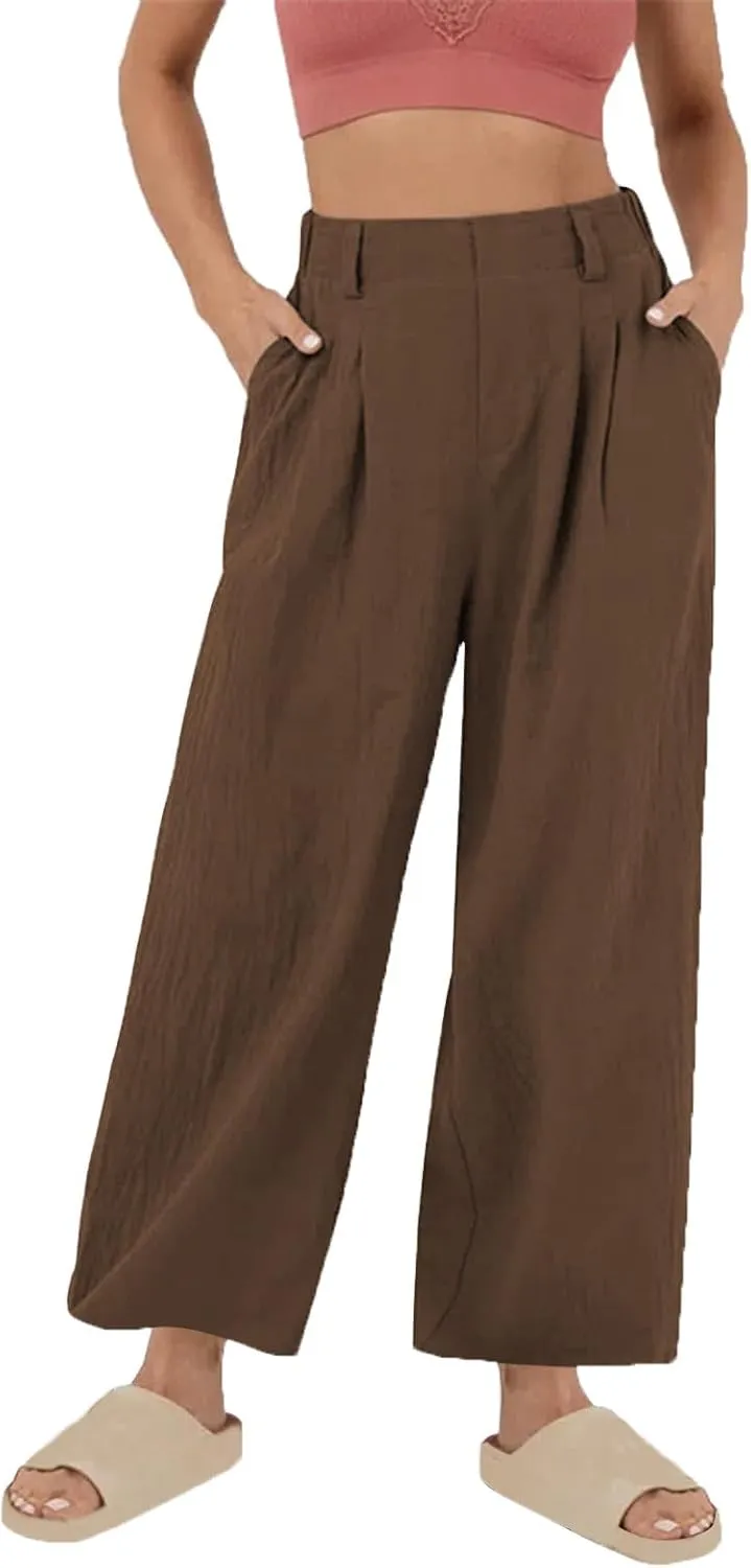 Womens Linen Pants Dressy Casual High Waisted Cropped Palazzo Pants Ladies Summer Wide Leg Trousers with Pockets