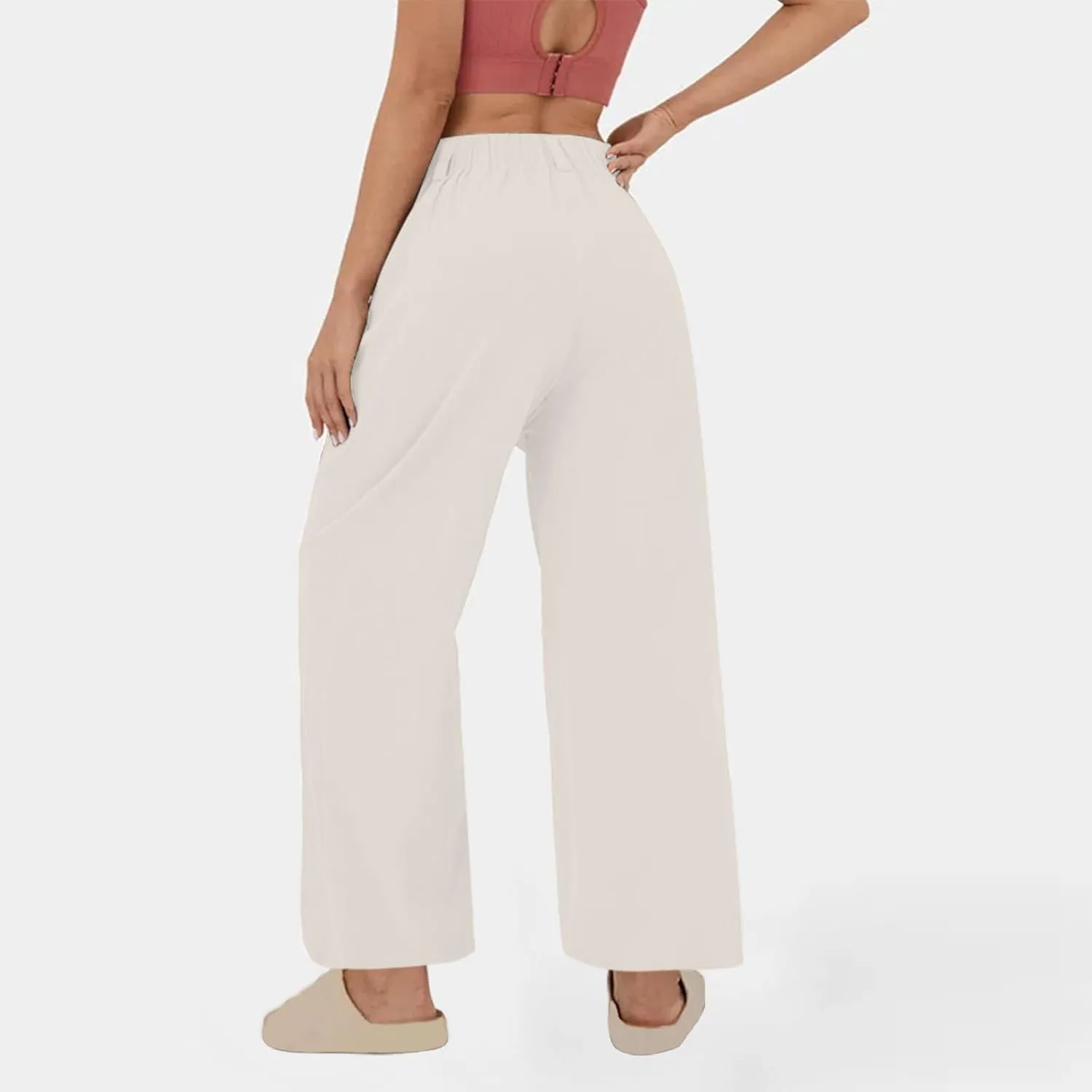 Womens Linen Pants Dressy Casual High Waisted Cropped Palazzo Pants Ladies Summer Wide Leg Trousers with Pockets