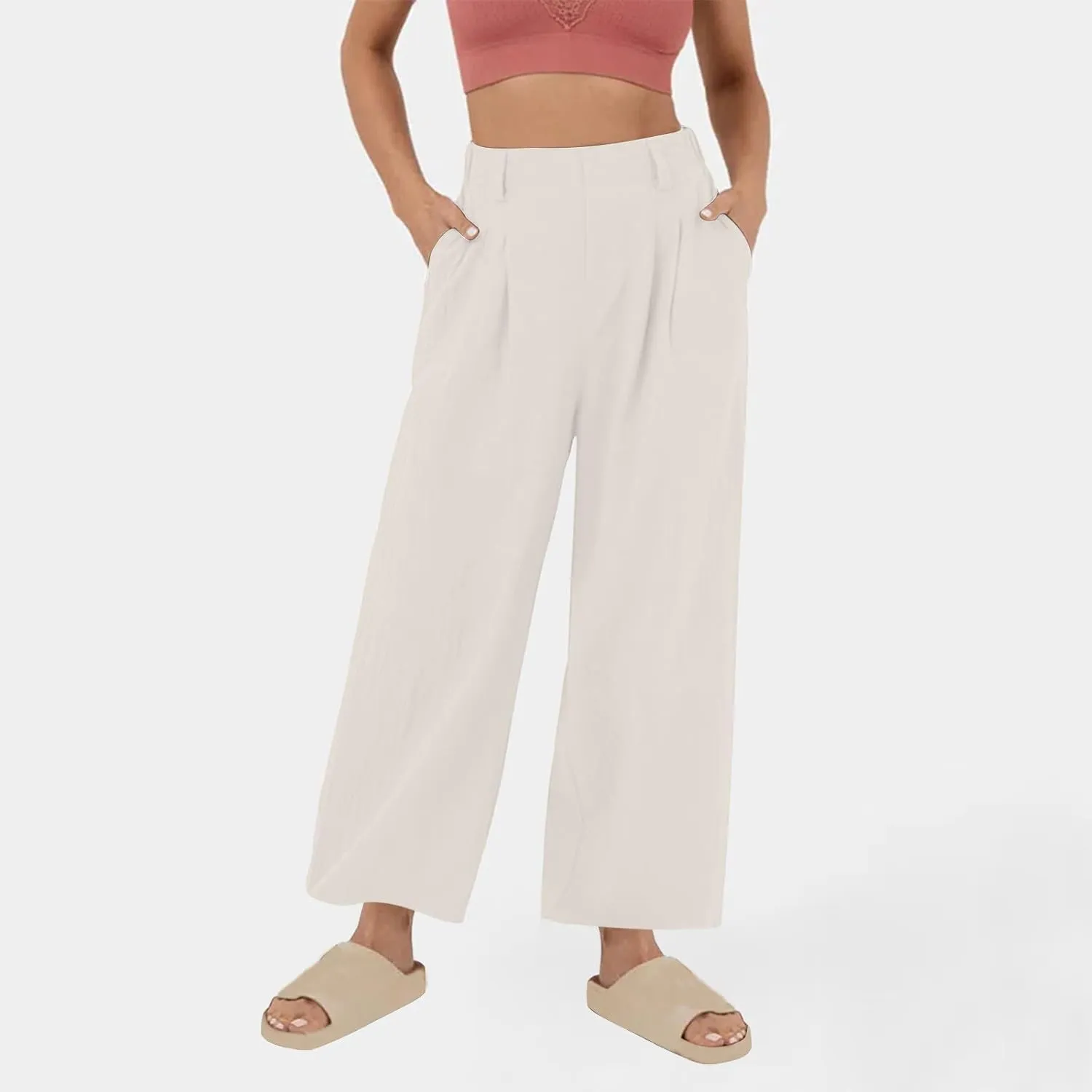Womens Linen Pants Dressy Casual High Waisted Cropped Palazzo Pants Ladies Summer Wide Leg Trousers with Pockets