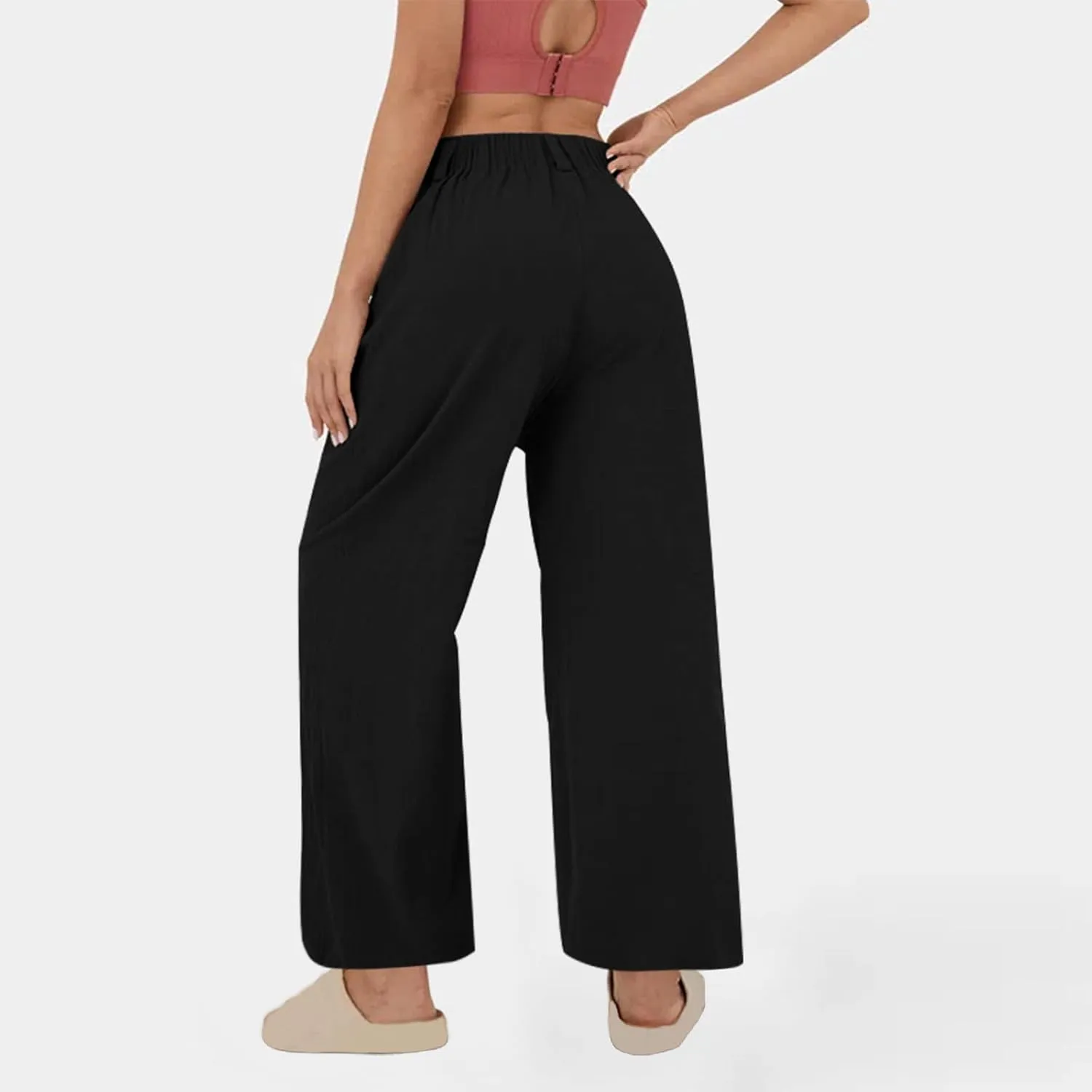 Womens Linen Pants Dressy Casual High Waisted Cropped Palazzo Pants Ladies Summer Wide Leg Trousers with Pockets