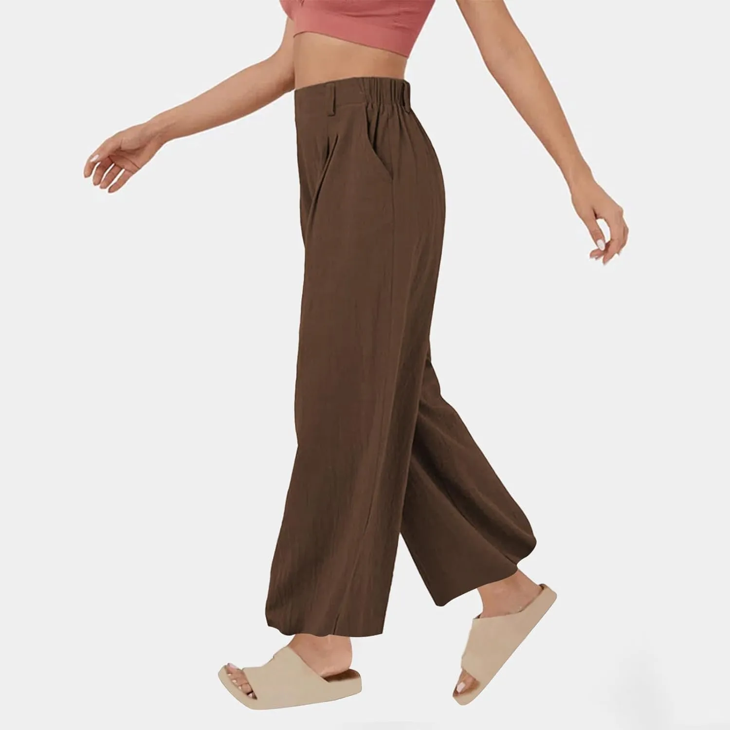 Womens Linen Pants Dressy Casual High Waisted Cropped Palazzo Pants Ladies Summer Wide Leg Trousers with Pockets