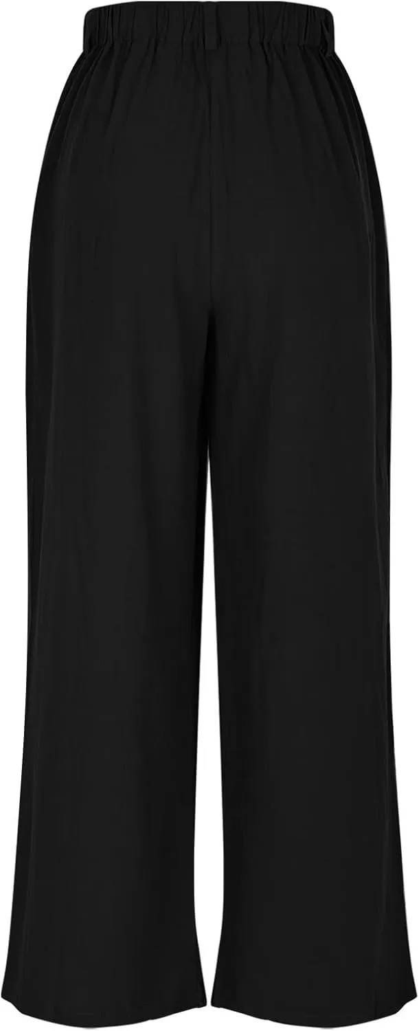 Womens Linen Pants Dressy Casual High Waisted Cropped Palazzo Pants Ladies Summer Wide Leg Trousers with Pockets