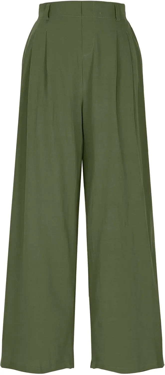 Womens Linen Pants Dressy Casual High Waisted Cropped Palazzo Pants Ladies Summer Wide Leg Trousers with Pockets