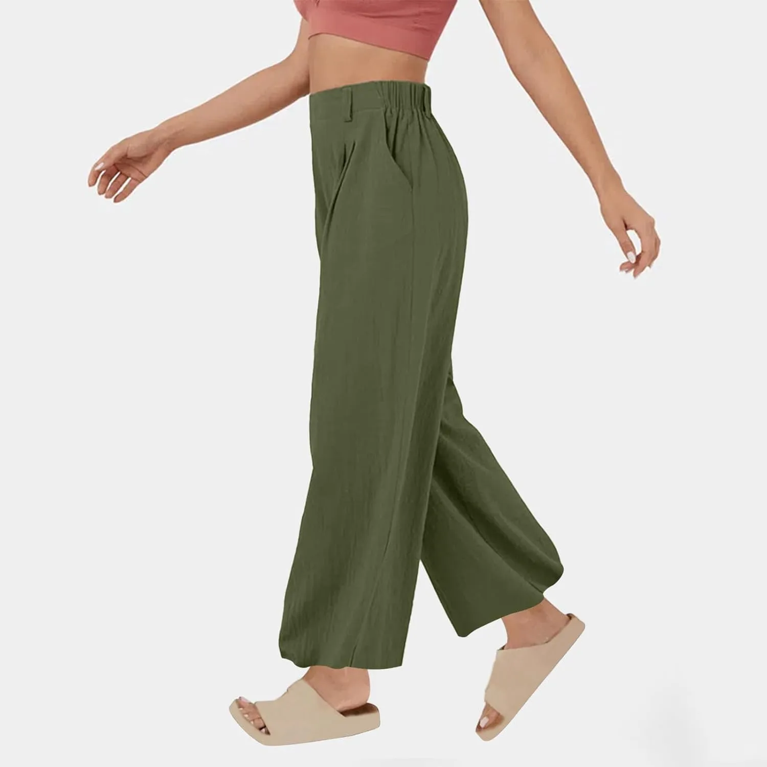 Womens Linen Pants Dressy Casual High Waisted Cropped Palazzo Pants Ladies Summer Wide Leg Trousers with Pockets