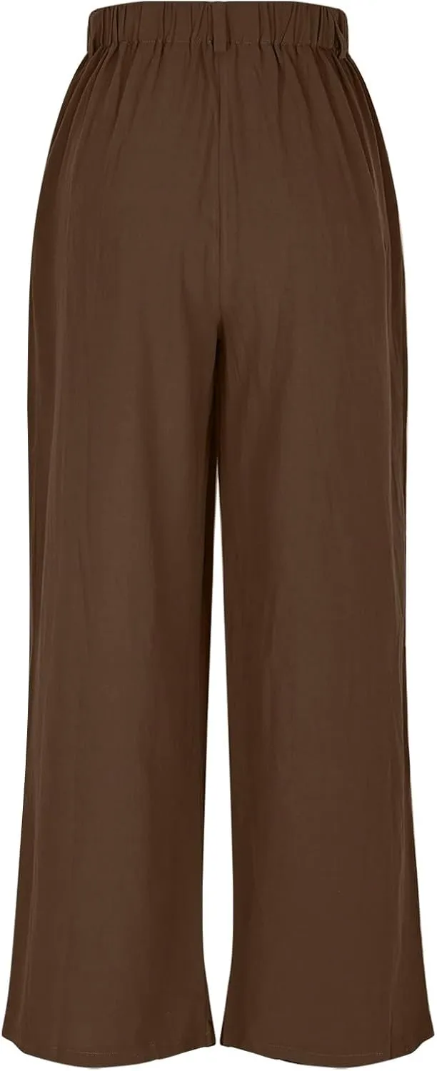 Womens Linen Pants Dressy Casual High Waisted Cropped Palazzo Pants Ladies Summer Wide Leg Trousers with Pockets