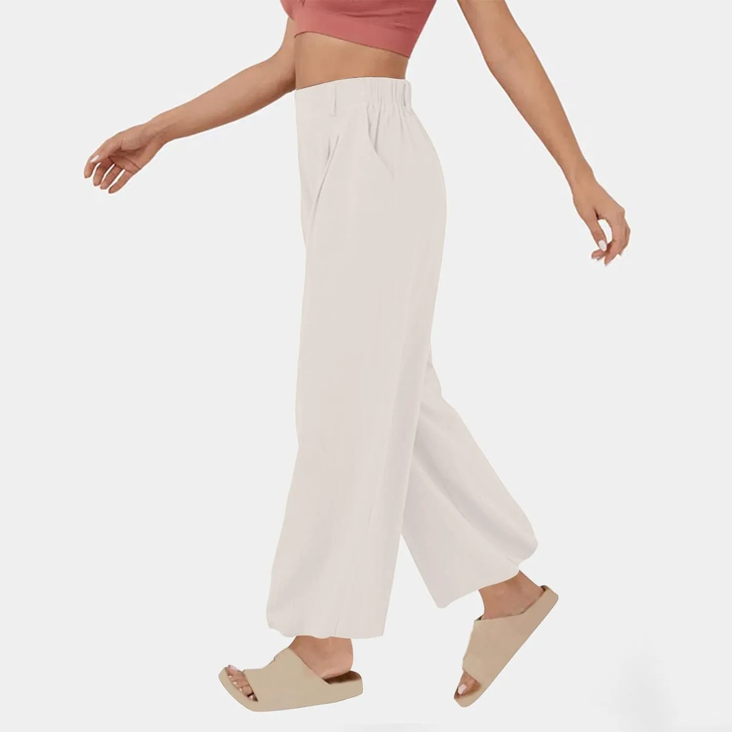 Womens Linen Pants Dressy Casual High Waisted Cropped Palazzo Pants Ladies Summer Wide Leg Trousers with Pockets