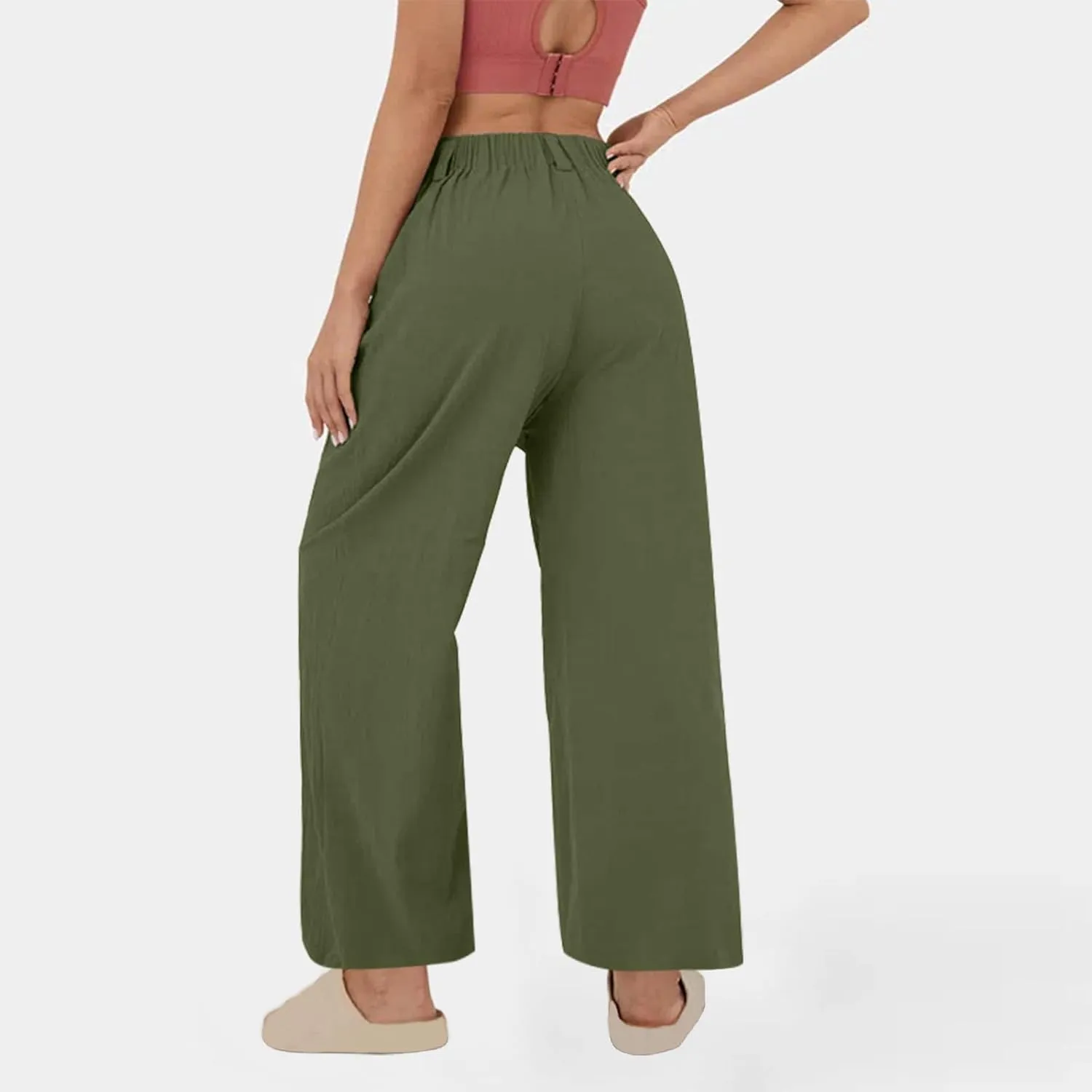 Womens Linen Pants Dressy Casual High Waisted Cropped Palazzo Pants Ladies Summer Wide Leg Trousers with Pockets