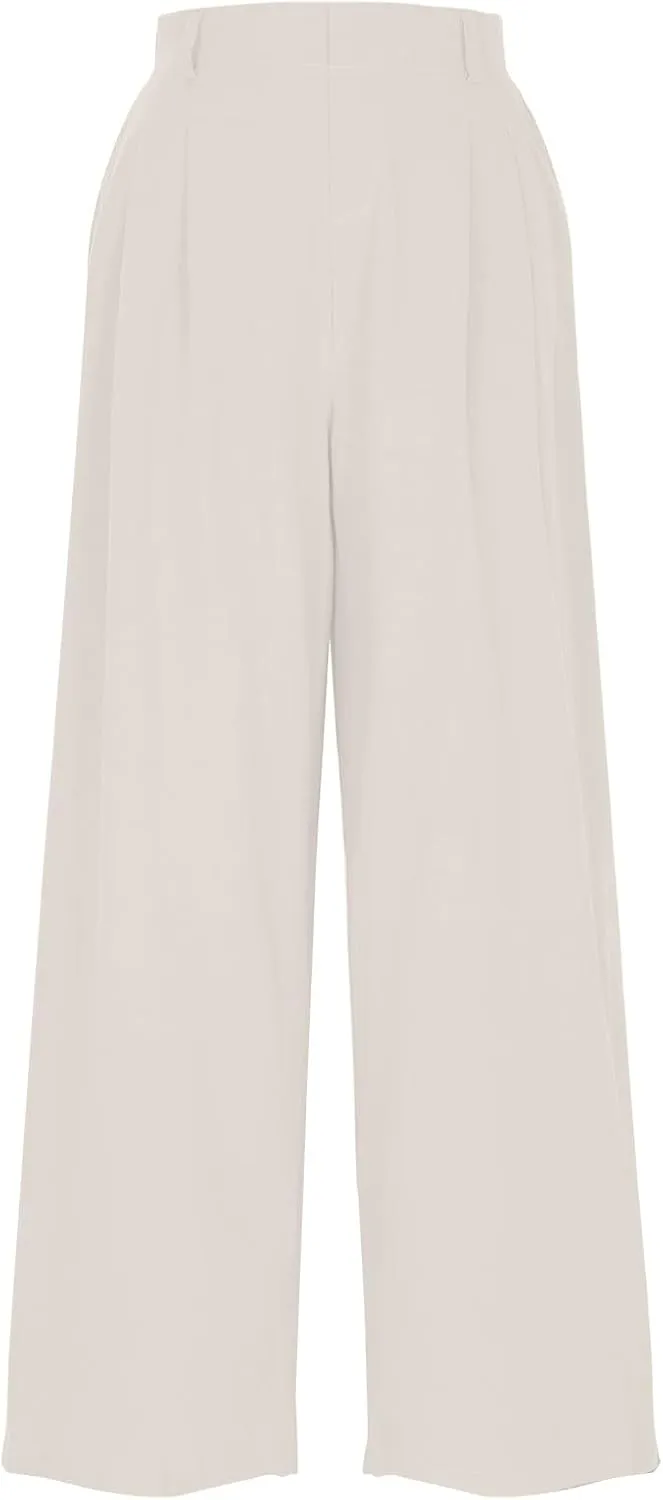 Womens Linen Pants Dressy Casual High Waisted Cropped Palazzo Pants Ladies Summer Wide Leg Trousers with Pockets