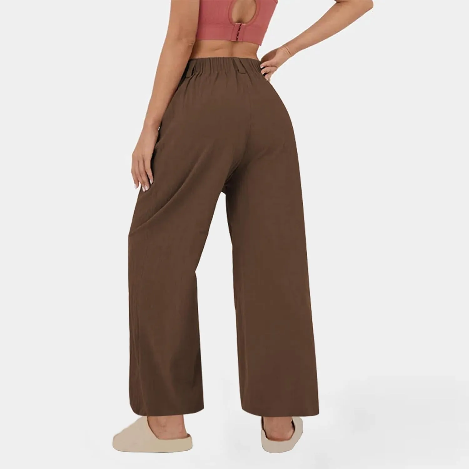 Womens Linen Pants Dressy Casual High Waisted Cropped Palazzo Pants Ladies Summer Wide Leg Trousers with Pockets