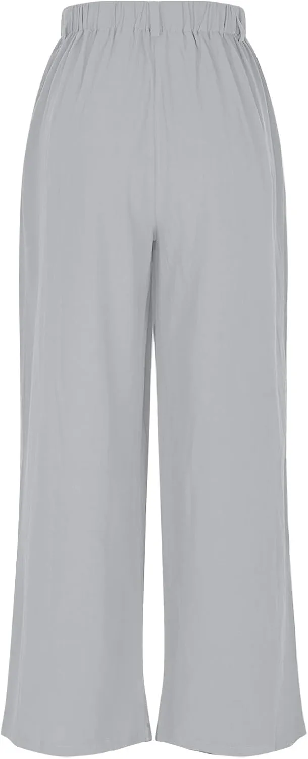 Womens Linen Pants Dressy Casual High Waisted Cropped Palazzo Pants Ladies Summer Wide Leg Trousers with Pockets
