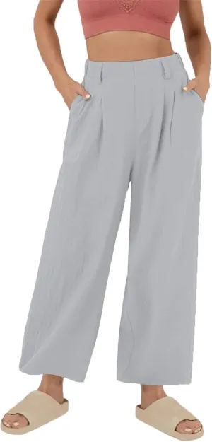 Womens Linen Pants Dressy Casual High Waisted Cropped Palazzo Pants Ladies Summer Wide Leg Trousers with Pockets