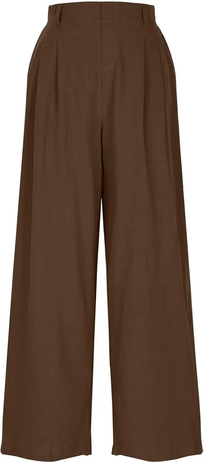 Womens Linen Pants Dressy Casual High Waisted Cropped Palazzo Pants Ladies Summer Wide Leg Trousers with Pockets