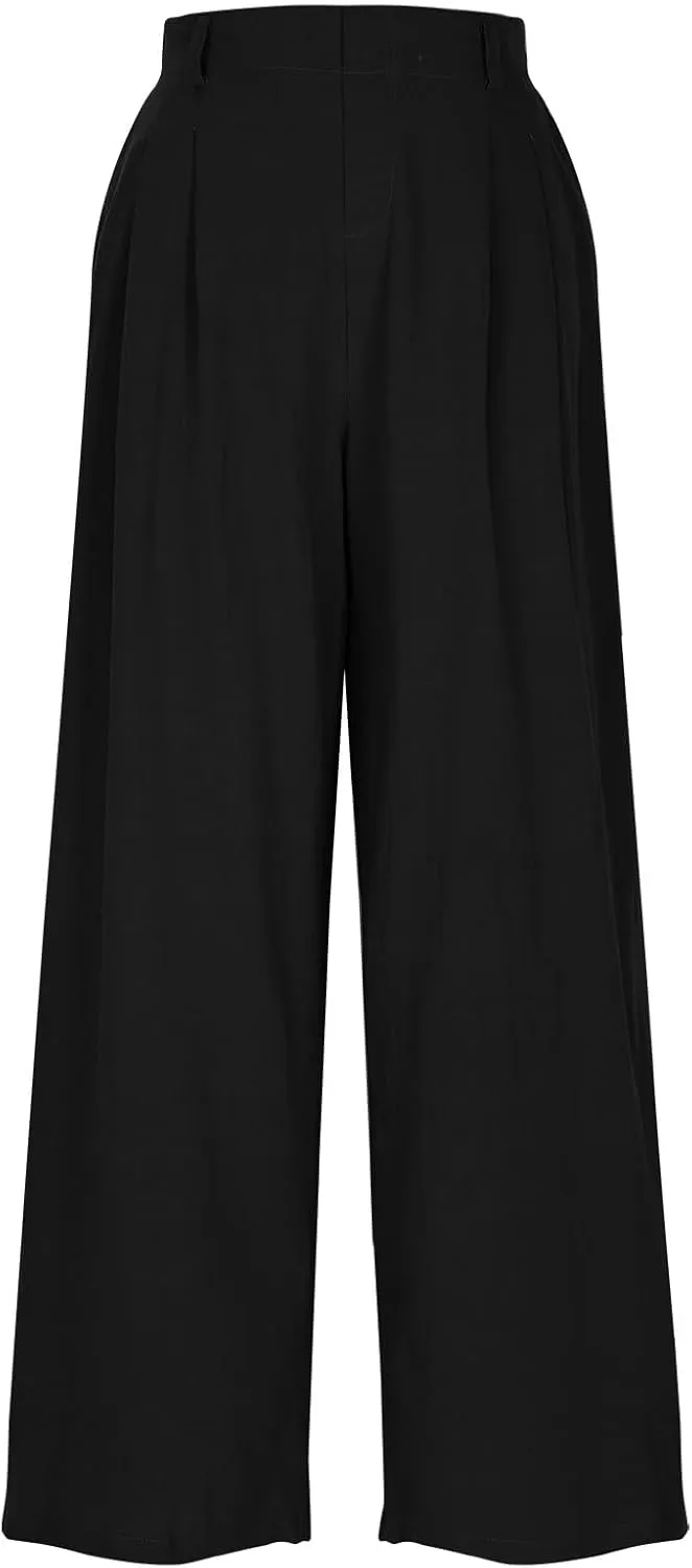 Womens Linen Pants Dressy Casual High Waisted Cropped Palazzo Pants Ladies Summer Wide Leg Trousers with Pockets