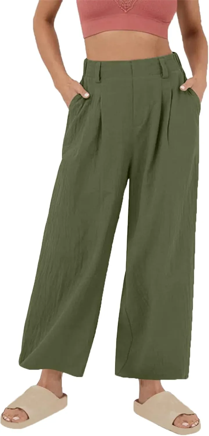 Womens Linen Pants Dressy Casual High Waisted Cropped Palazzo Pants Ladies Summer Wide Leg Trousers with Pockets