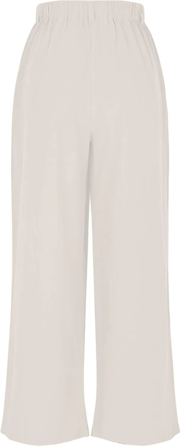 Womens Linen Pants Dressy Casual High Waisted Cropped Palazzo Pants Ladies Summer Wide Leg Trousers with Pockets