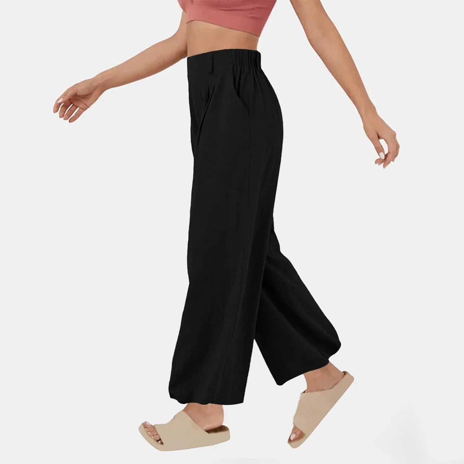 Womens Linen Pants Dressy Casual High Waisted Cropped Palazzo Pants Ladies Summer Wide Leg Trousers with Pockets