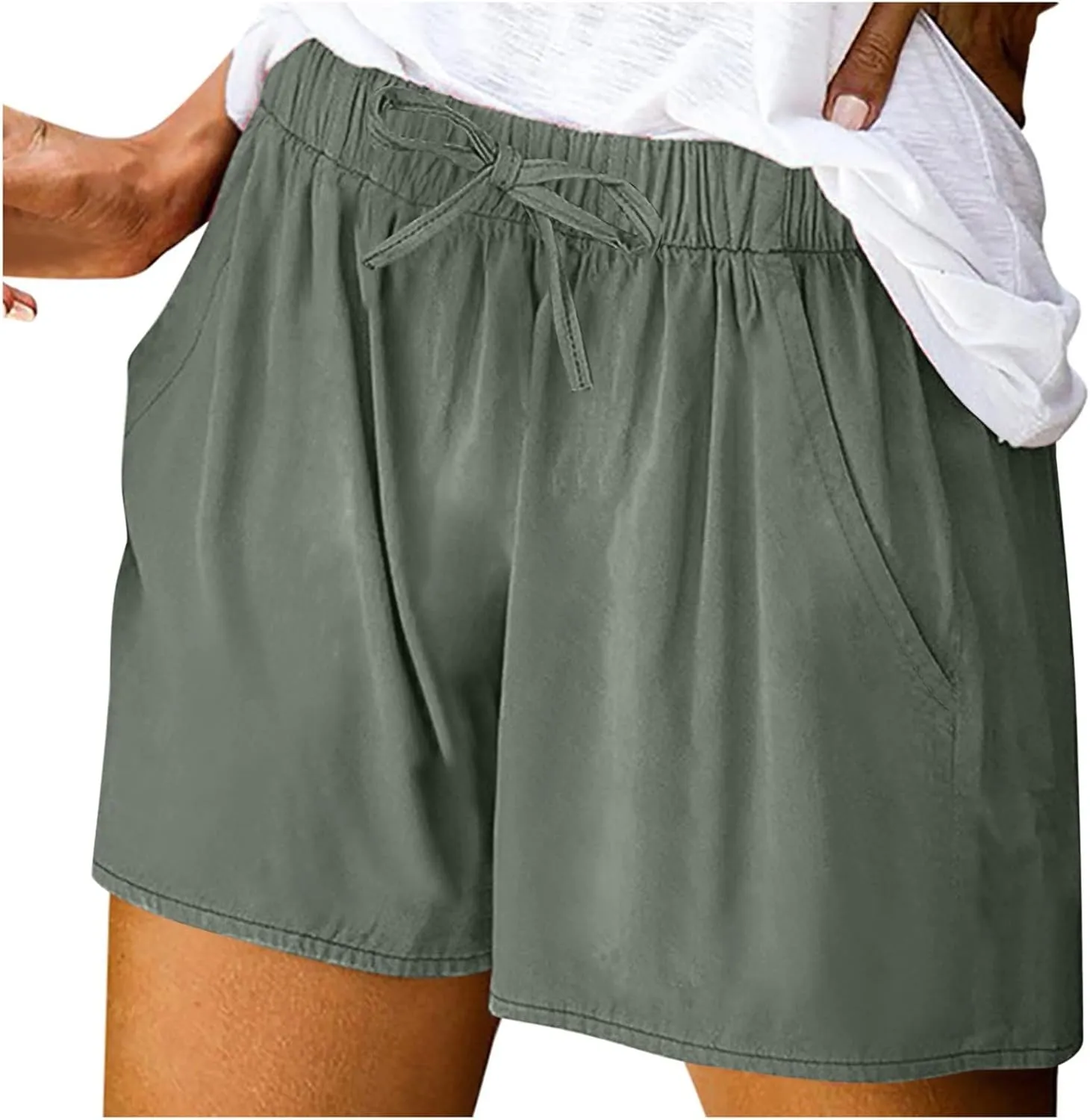 Women's Linen Shorts Casual Summer Elastic High Waisted Baggy Trouser Soft Comfy Drawstring Summer Vacation Outfits