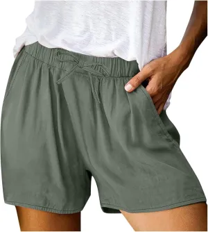 Women's Linen Shorts Casual Summer Elastic High Waisted Baggy Trouser Soft Comfy Drawstring Summer Vacation Outfits
