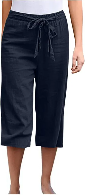 Womens Linen Summer Boho Palazzo Pants Elastic Waisted Long Lounge Loose Fit Trouser Vacation