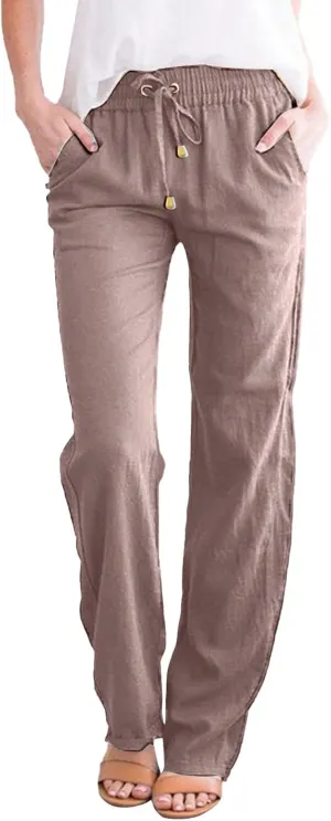 Womens Linen Tapered Leg Pants Loose Drawstring Elastic Waist Summer Baggy Lounge Beach Vacation Travel Trousers with Pockets