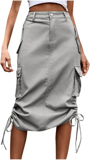 Womens Loose Fit Denim Skort for Women Midi Knee High Pleated Western High Cut Tie Knot Smocked Plain 2024 Y2K