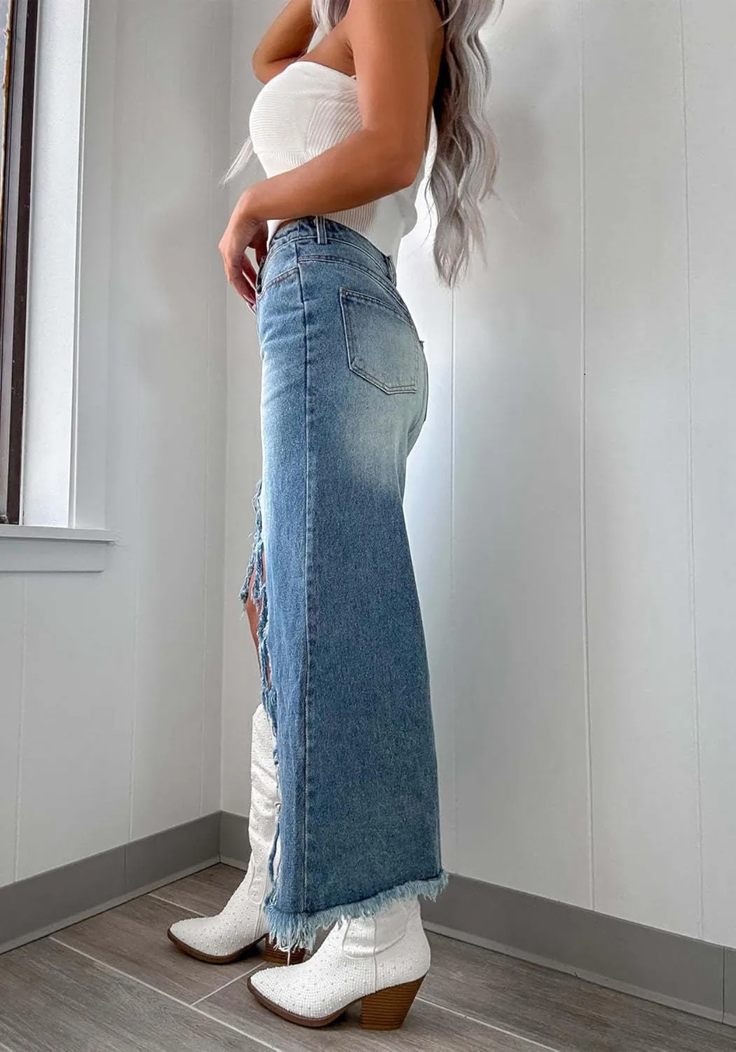 Women's Slit Long Denim Skirt High Waisted Casual Asymmetrical Raw Hem Front Split Y2k Midi Jean Skirt