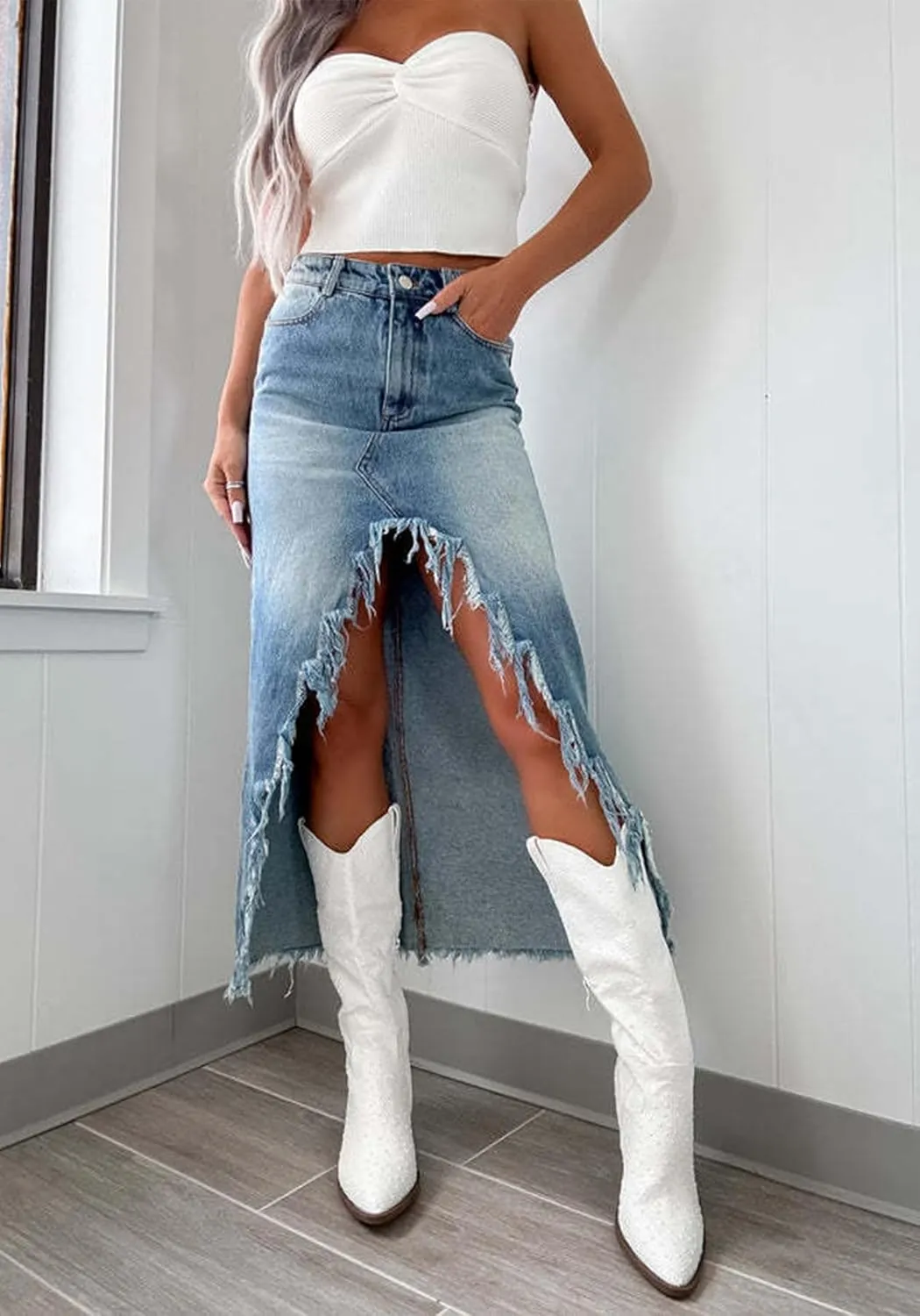 Women's Slit Long Denim Skirt High Waisted Casual Asymmetrical Raw Hem Front Split Y2k Midi Jean Skirt