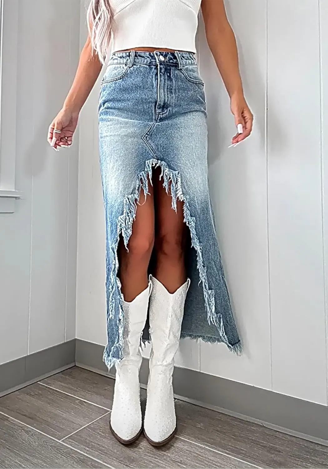 Women's Slit Long Denim Skirt High Waisted Casual Asymmetrical Raw Hem Front Split Y2k Midi Jean Skirt