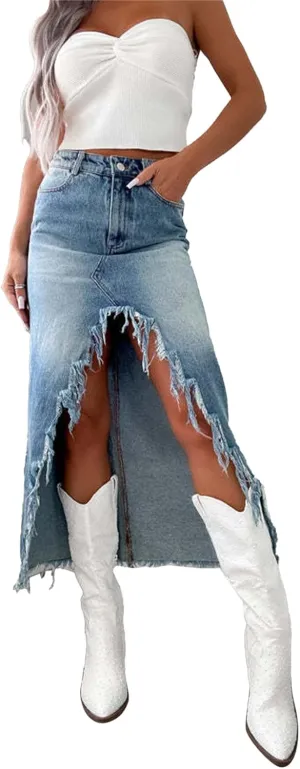 Women's Slit Long Denim Skirt High Waisted Casual Asymmetrical Raw Hem Front Split Y2k Midi Jean Skirt