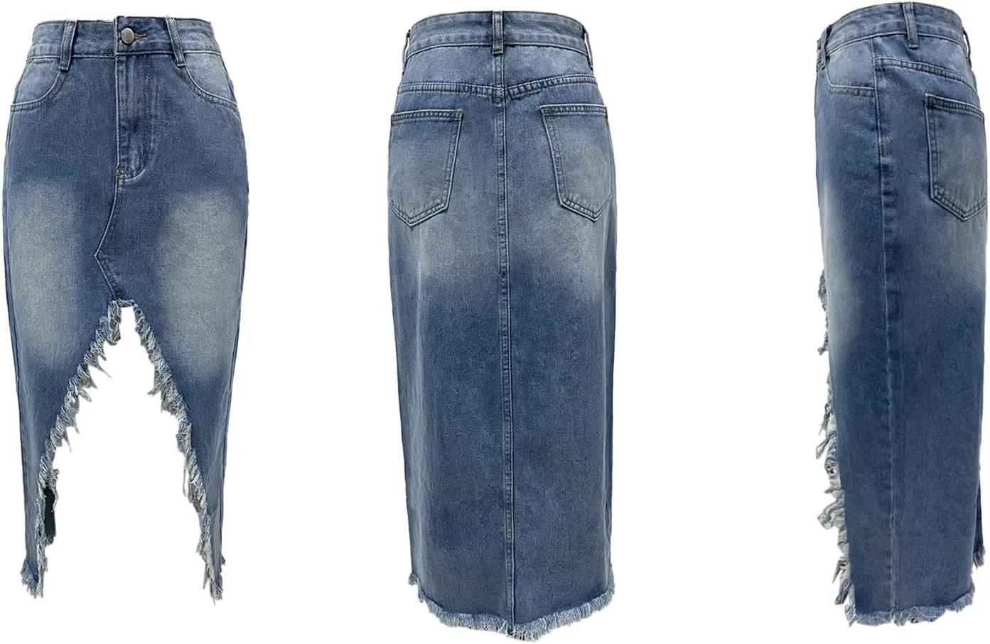 Women's Slit Long Denim Skirt High Waisted Casual Asymmetrical Raw Hem Front Split Y2k Midi Jean Skirt