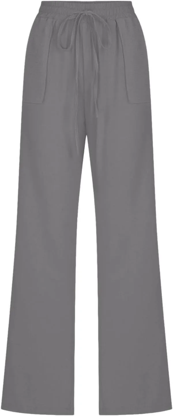 Women's Solid Cotton Linen Straight Pants Lightweight Summer Relax Fit Elastic Waist Lounge Long Trousers with Pockets