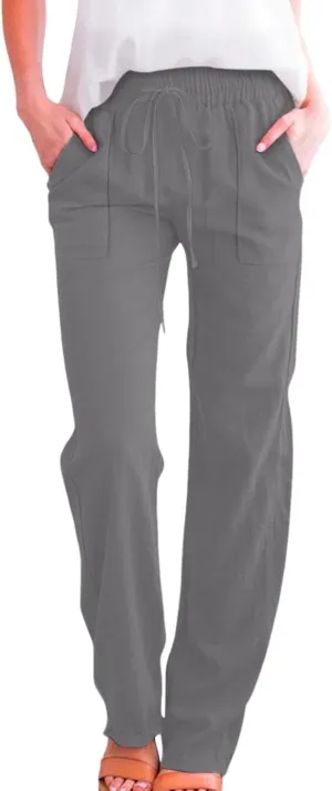 Women's Solid Cotton Linen Straight Pants Lightweight Summer Relax Fit Elastic Waist Lounge Long Trousers with Pockets