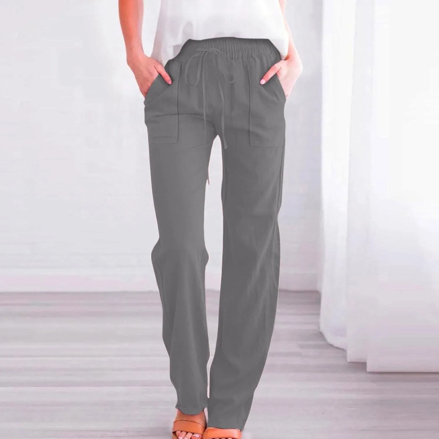 Women's Solid Cotton Linen Straight Pants Lightweight Summer Relax Fit Elastic Waist Lounge Long Trousers with Pockets