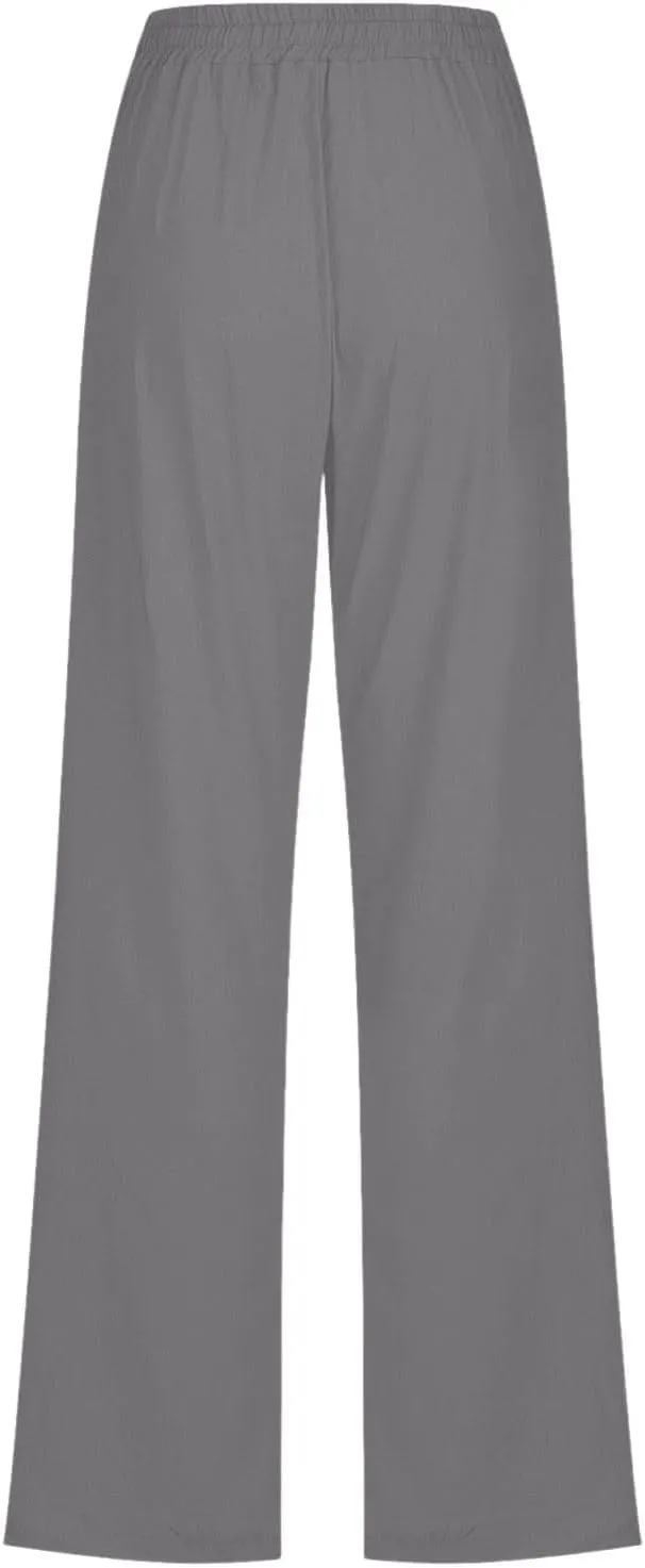 Women's Solid Cotton Linen Straight Pants Lightweight Summer Relax Fit Elastic Waist Lounge Long Trousers with Pockets