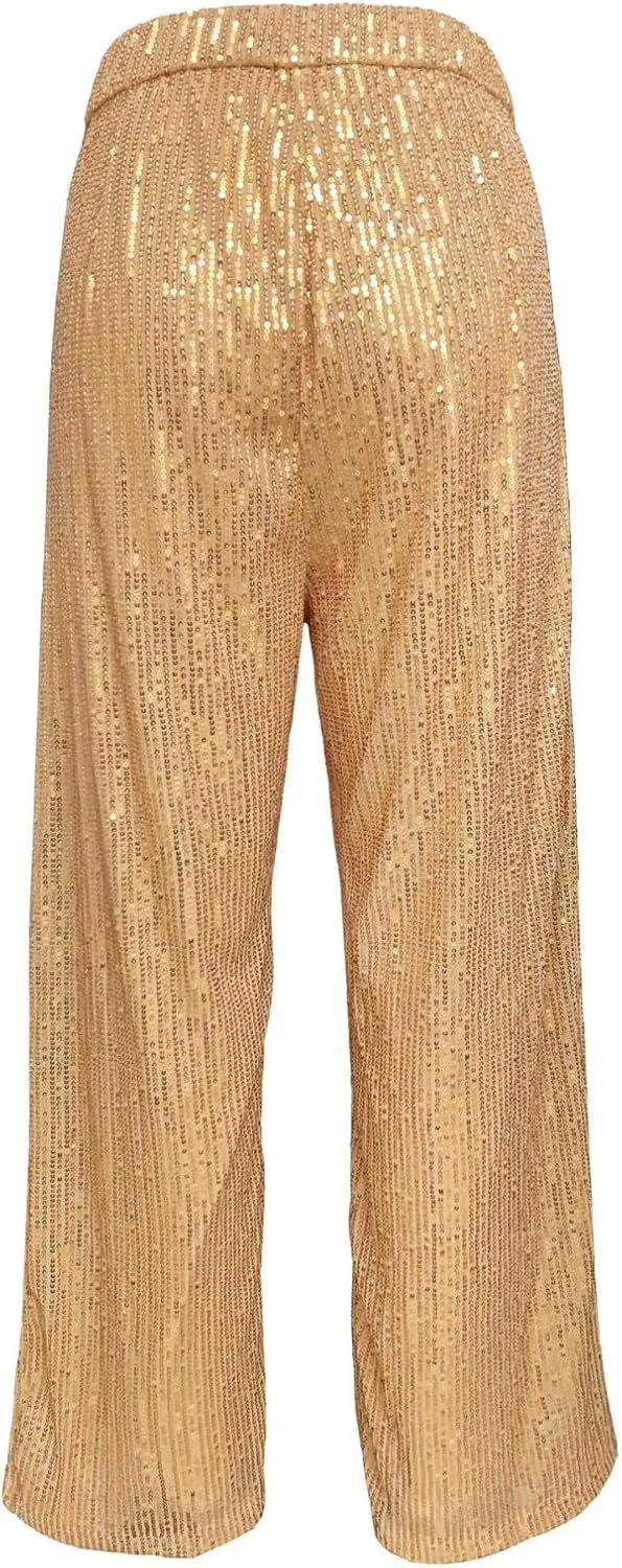 Women's Sparkle Sequin Wide Leg Pants High Waist Shiny Party Clubwear Bling Glitter Trousers Loose Flare Bottom Pants