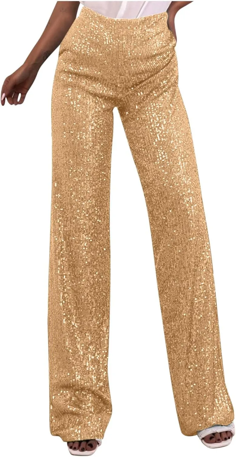 Women's Sparkle Sequin Wide Leg Pants High Waist Shiny Party Clubwear Bling Glitter Trousers Loose Flare Bottom Pants