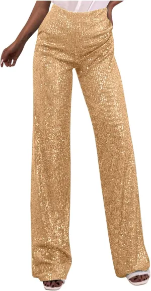 Women's Sparkle Sequin Wide Leg Pants High Waist Shiny Party Clubwear Bling Glitter Trousers Loose Flare Bottom Pants