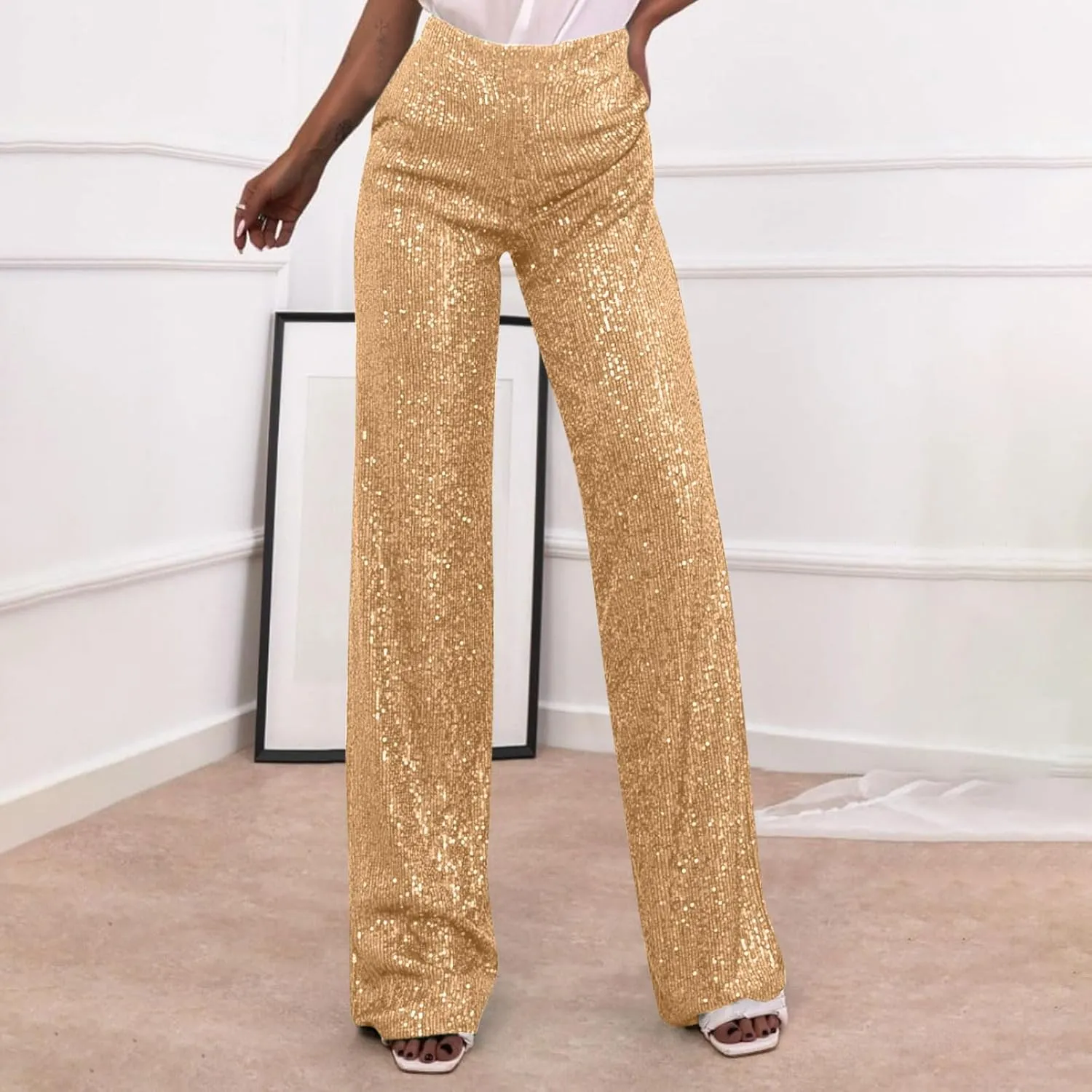 Women's Sparkle Sequin Wide Leg Pants High Waist Shiny Party Clubwear Bling Glitter Trousers Loose Flare Bottom Pants