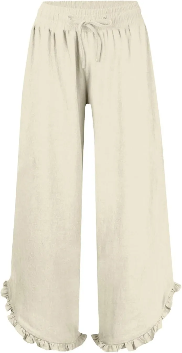 Womens Summer Linen Pant Waisted Elastic Drawstring Pants Pure Color Casual Beach Trousers with Pockets