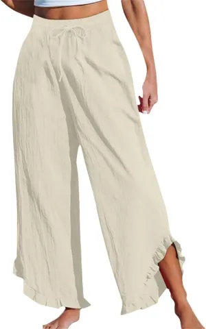 Womens Summer Linen Pant Waisted Elastic Drawstring Pants Pure Color Casual Beach Trousers with Pockets