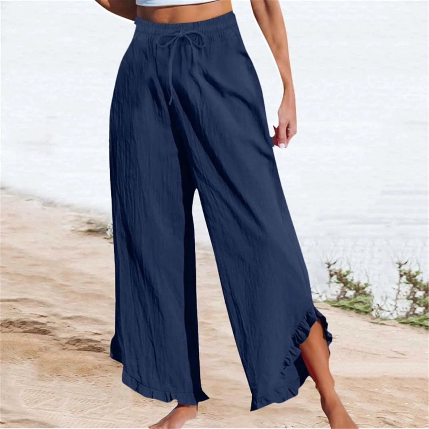 Womens Summer Linen Pant Waisted Elastic Drawstring Pants Pure Color Casual Beach Trousers with Pockets