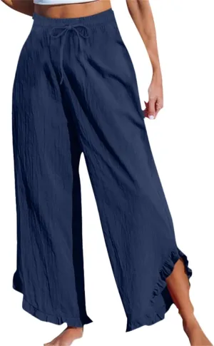 Womens Summer Linen Pant Waisted Elastic Drawstring Pants Pure Color Casual Beach Trousers with Pockets