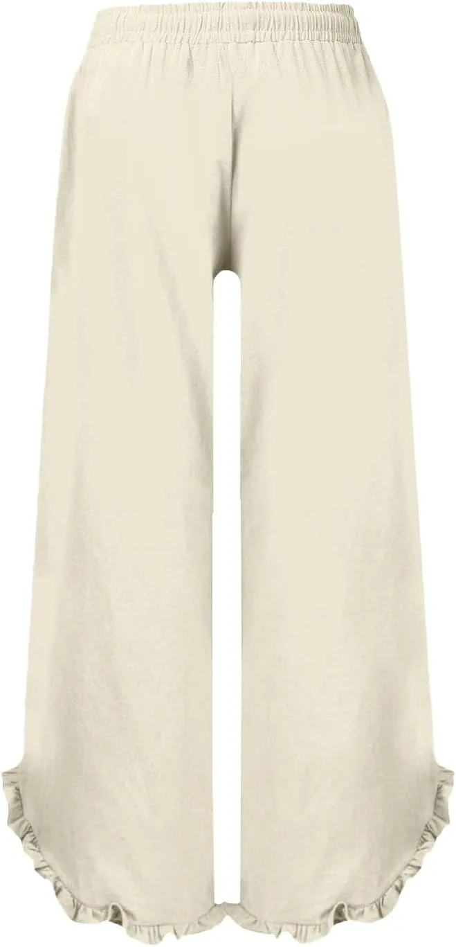 Womens Summer Linen Pant Waisted Elastic Drawstring Pants Pure Color Casual Beach Trousers with Pockets