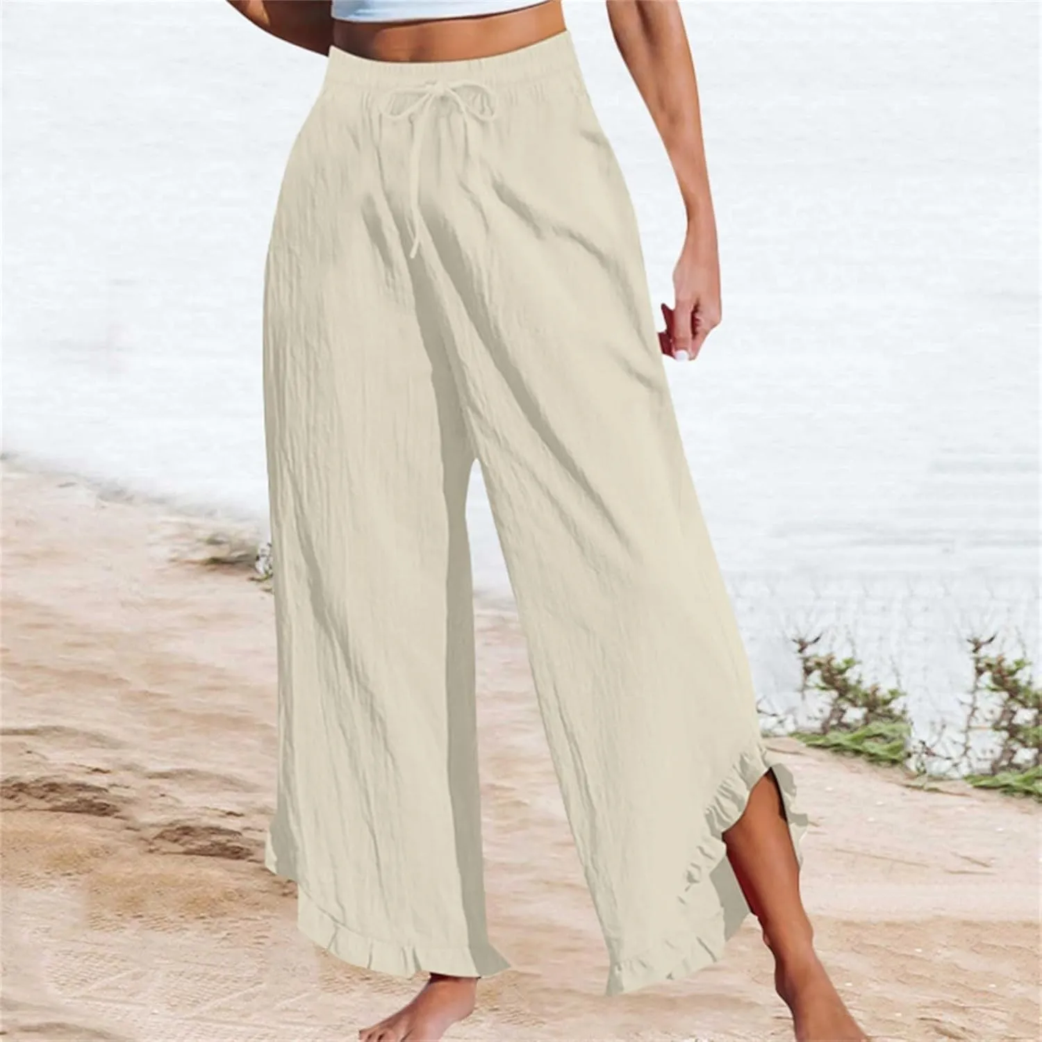 Womens Summer Linen Pant Waisted Elastic Drawstring Pants Pure Color Casual Beach Trousers with Pockets