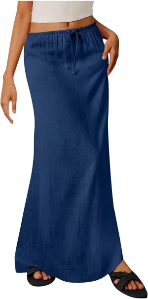 Womens Summer Maxi Skirt Low Rise Lace Up Midi Skirt Casual Long Skirt A Line Lounge Skirt Trendy Beach Skirts