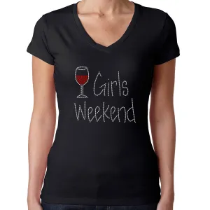 Womens T-Shirt Bling Black Fitted Tee Girls Weekend Wine Glass