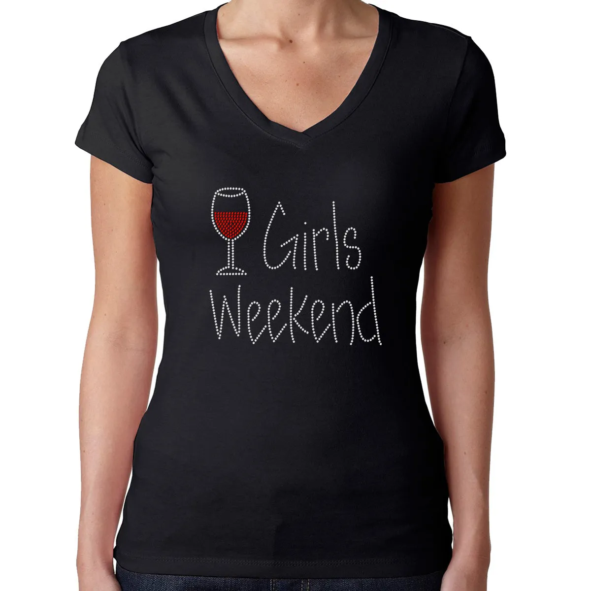 Womens T-Shirt Bling Black Fitted Tee Girls Weekend Wine Glass
