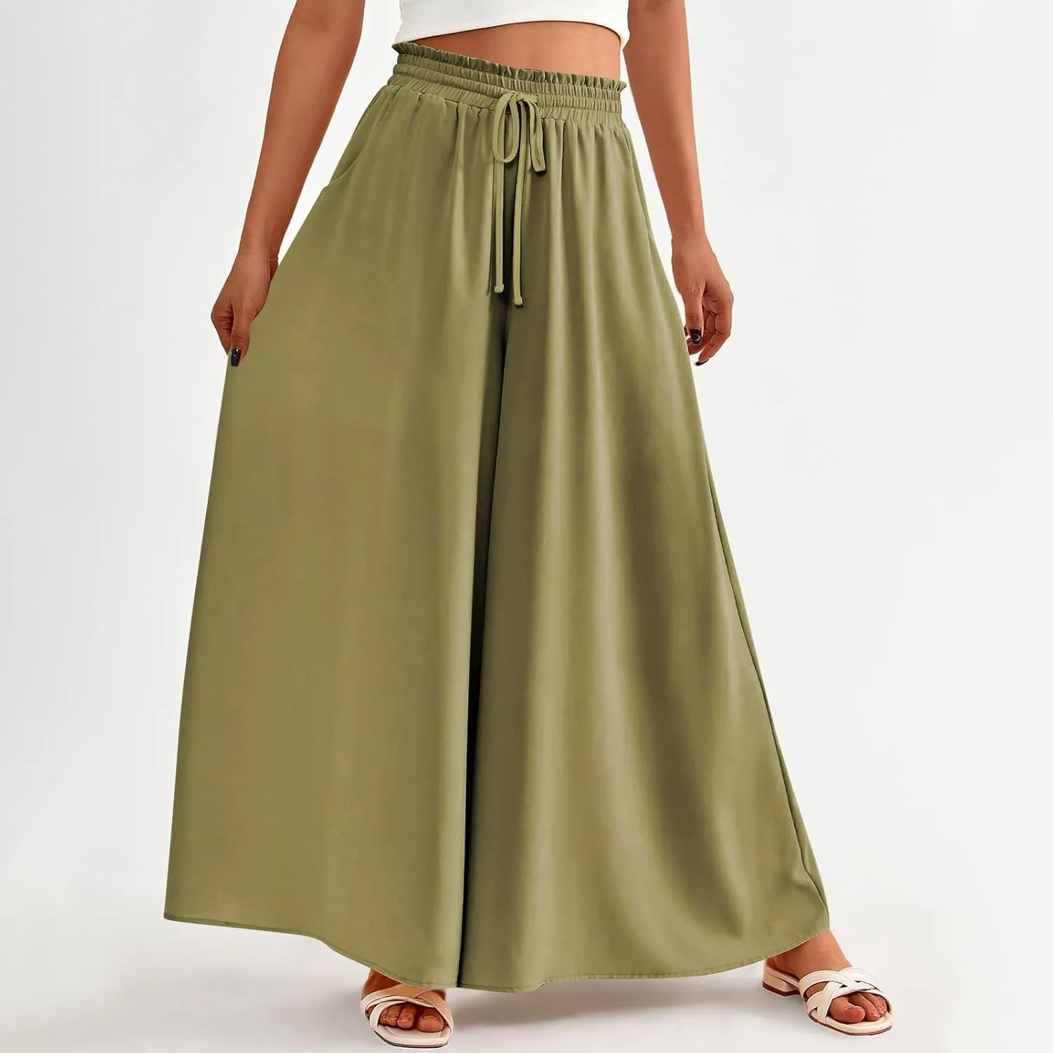 Womens Wide Leg Long Palazzo Pants High Waist Solid Flowy Lounge Pant Beach Vacation Trousers with Pocket