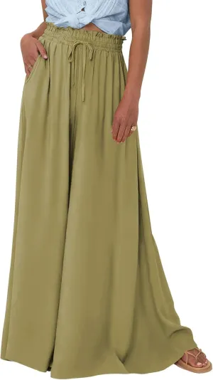 Womens Wide Leg Long Palazzo Pants High Waist Solid Flowy Lounge Pant Beach Vacation Trousers with Pocket